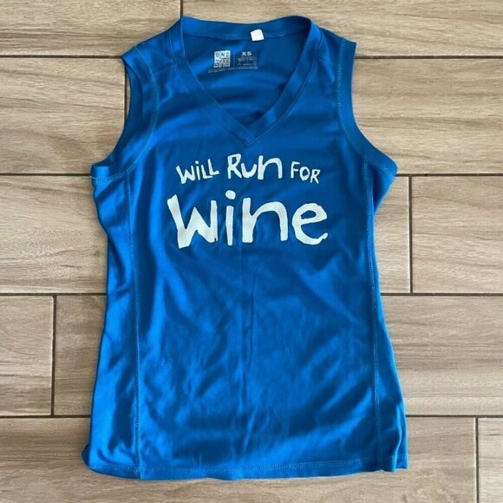 One More Mile "Will Run For Wine" Blue Sleeveless‎ Running Tank XS